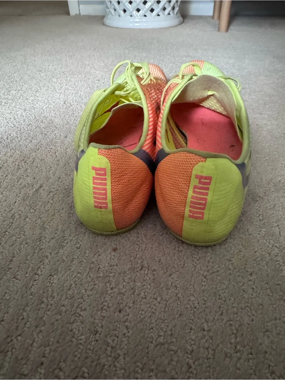 Puma Men’sYellow and Coral/Orange Track Cleats (metal) 10.5
